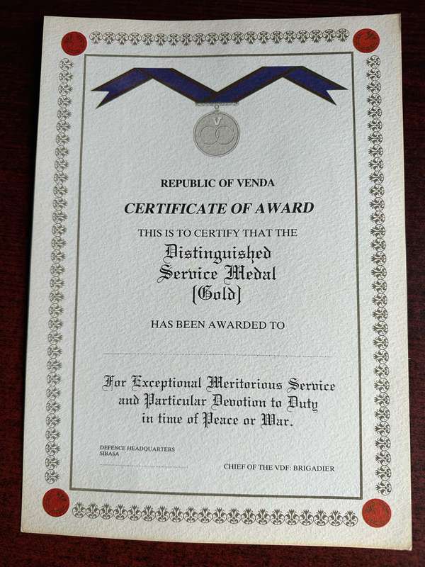ORIGINAL BLANK CERTIFICATE OF AWARD FOR VENDA DISTINGUISHED SERVICE MEDAL (GOLD)