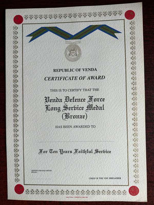 ORIGINAL BLANK CERTIFICATE OF AWARD FOR VENDA DEFENCE FORCE LONG SERVICE MEDAL (BRONZE)