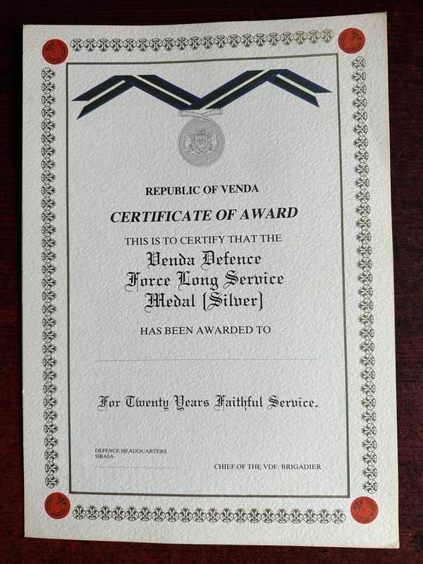 ORIGINAL BLANK CERTIFICATE OF AWARD FOR VENDA DEFENCE FORCE LONG SERVICE MEDAL- (SILVER)
