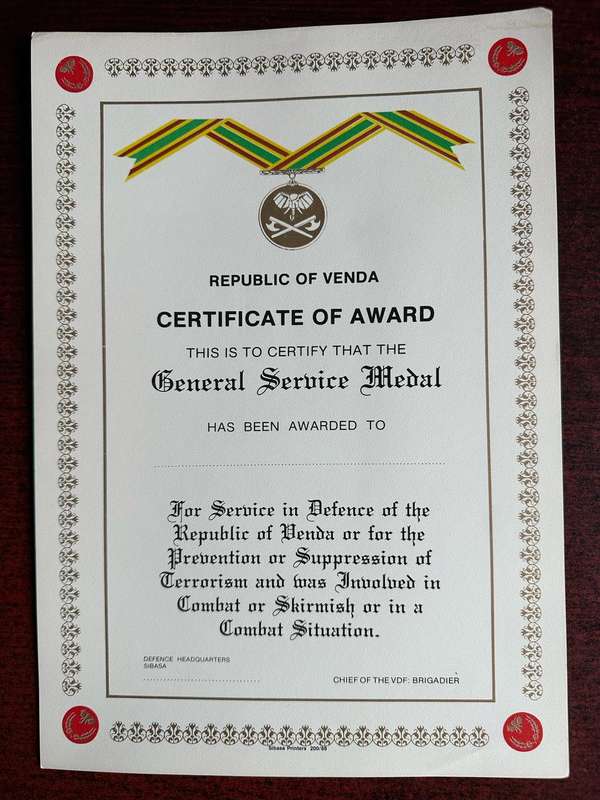 ORIGINAL BLANK CERTIFICATE OF AWARD FOR VENDA GENERAL SERVICE MEDAL