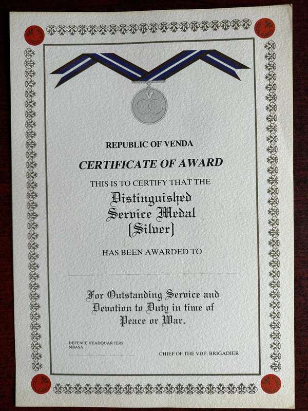 ORIGINAL BLANK CERTIFICATE OF AWARD FOR VENDA DISTINGUISHED SERVICE MEDAL (SILVER)