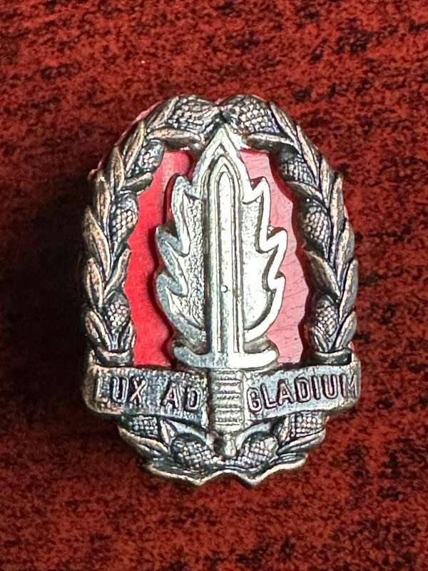 INTELLEGENCE SCHOOL BERET BADGE-WORN FROM 1980'S-EARLY 90'S- 2X SCREW LUGS