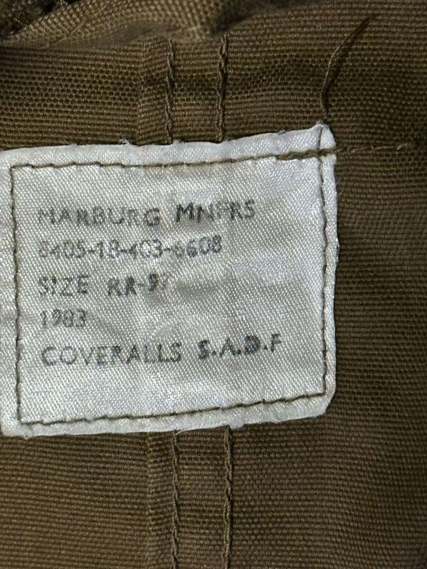 SADF NUTRIA COVERALLS DATED 1983-LABELLED (PLEASE LOOK AT SIZE ON LABEL)- I WOULD SAY A SIZE MEDIUM-