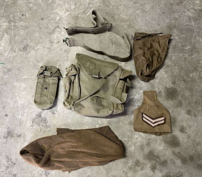 SADF LOT SOLD TOGETHER-PATROL BAG-BELT-BATHROOM BAG-AMMO POUCH,RANK AND SCARF