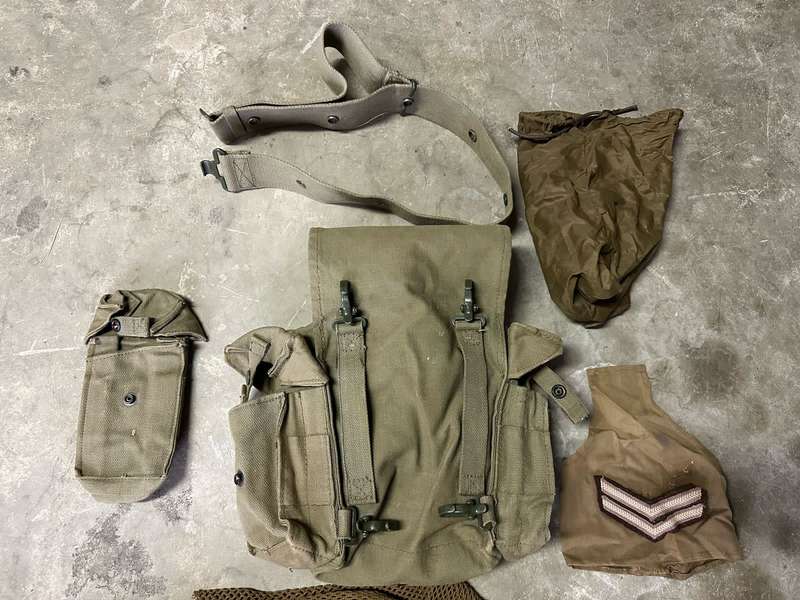 SADF LOT SOLD TOGETHER-PATROL BAG-BELT-BATHROOM BAG-AMMO POUCH,RANK AND SCARF