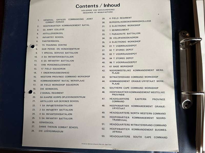 LARGE COLOUR CARDS FOR SADF UNITS WITH INFO ON THE BACK-53 IN TOTAL-ALL IN ONE FILE-MEASURES 26 X 25