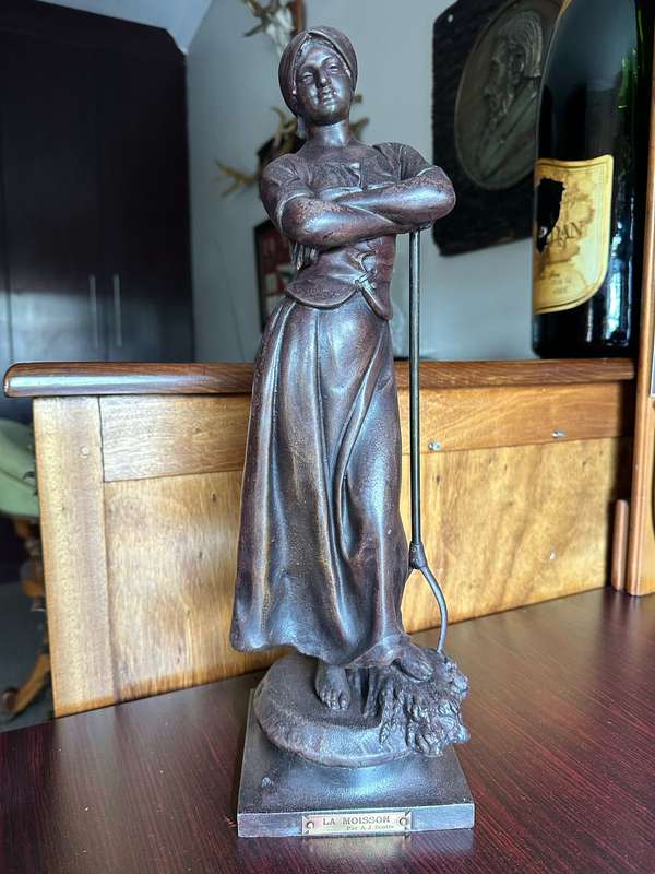 A.J. SCOTTE "LA MOISSON" (THE HARVEST) SPELTER FIGURE DATED 1906-BASE MEASURES 130 MM-HEIGHT 450 MM