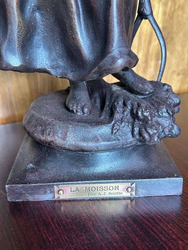 A.J. SCOTTE "LA MOISSON" (THE HARVEST) SPELTER FIGURE DATED 1906-BASE MEASURES 130 MM-HEIGHT 450 MM