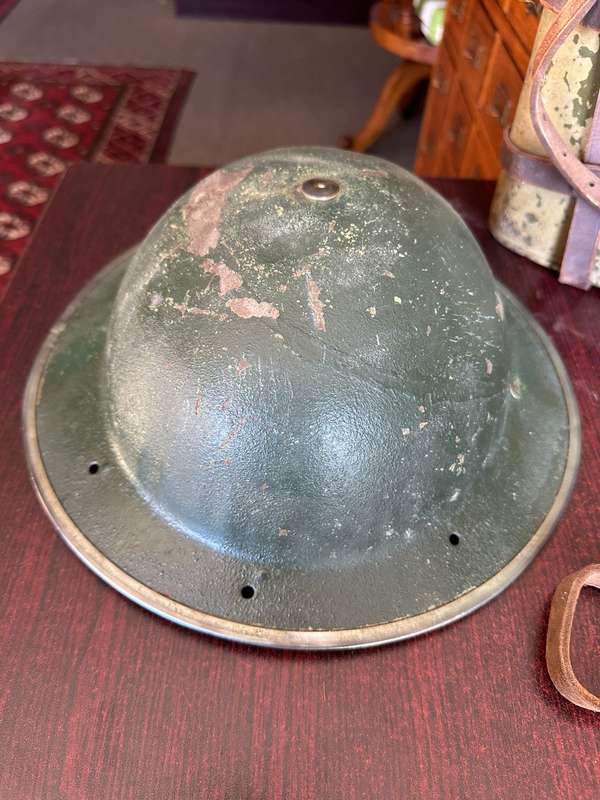 BRITISH WW2 MARK 2 STEEL HELMET WITH WW2 WATER BOTTLE-THE BOTTLE IS COMPLETE WITH STOPPER AND LEATHE