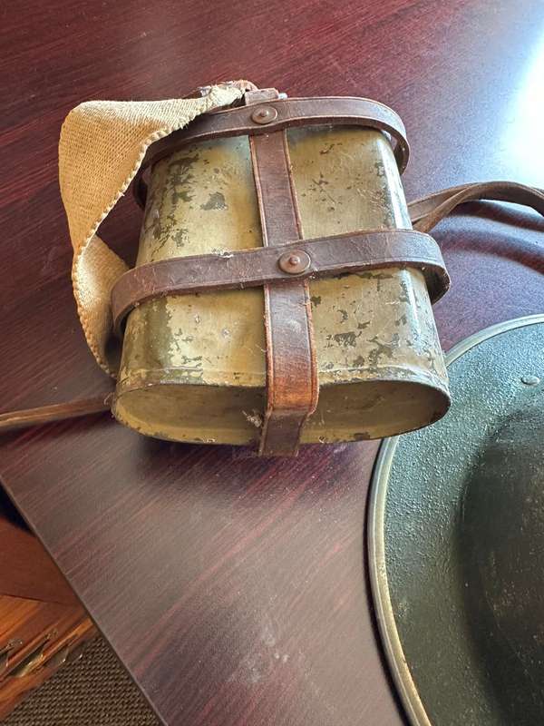 BRITISH WW2 MARK 2 STEEL HELMET WITH WW2 WATER BOTTLE-THE BOTTLE IS COMPLETE WITH STOPPER AND LEATHE