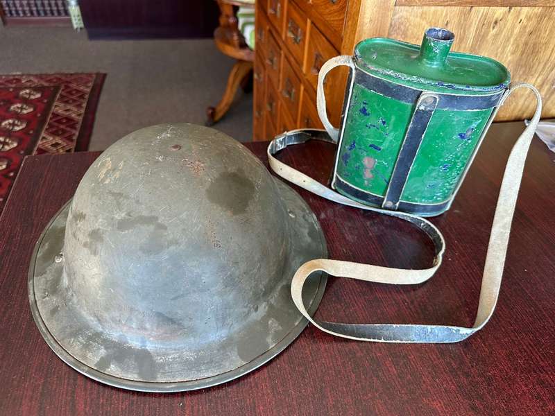 BRITISH WW2 MARK 2 STEEL HELMET WITH WW2 WATER BOTTLE-THE HELMET IS MAKER STAMPED AND DATED