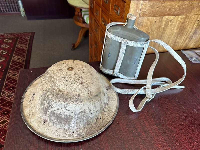 BRITISH WW2 MARK 2 STEEL HELMET AND WW2 WATER BOTTLE