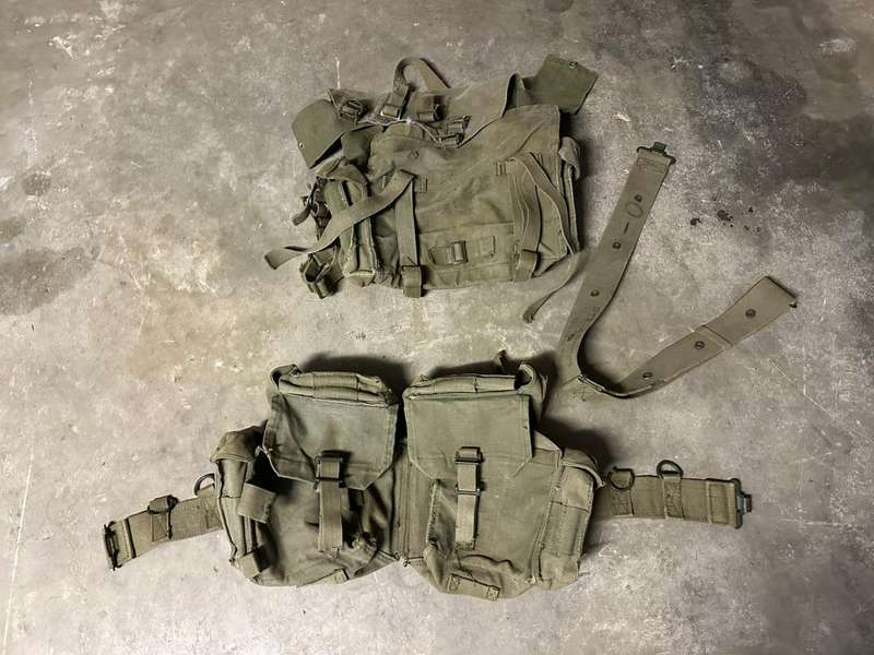 SADF Pattern 73 webbing. Kidney pouches with belt and small patroll back pack. Sold with extra webbi