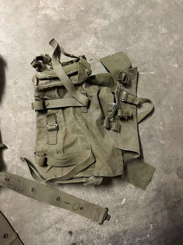 SADF Pattern 73 webbing. Kidney pouches with belt and small patroll back pack. Sold with extra webbi