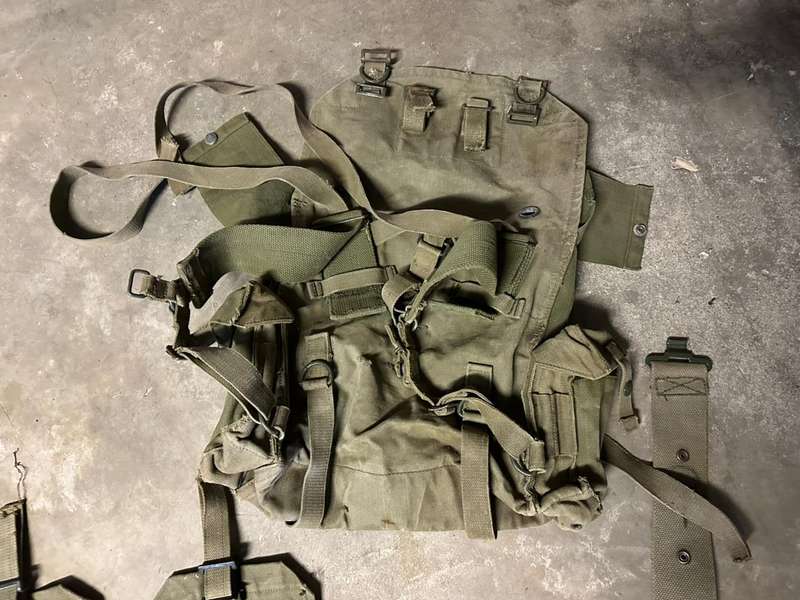 SADF Pattern 73 webbing. Kidney pouches with belt and small patroll back pack. Sold with extra webbi