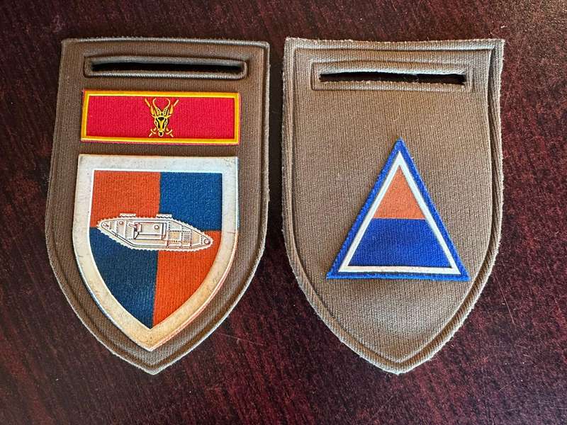 School of armour tupper flash, sold with alpha company flash. Both with pins