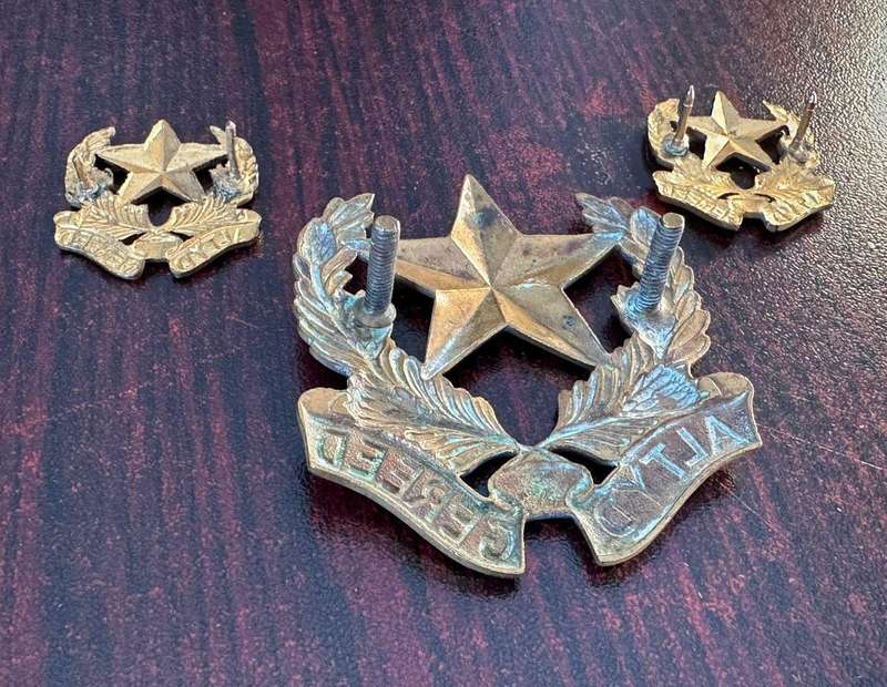 Regiment Botha cap and collars (Brass) worn 1962-1970's. Lugs + pins intact.