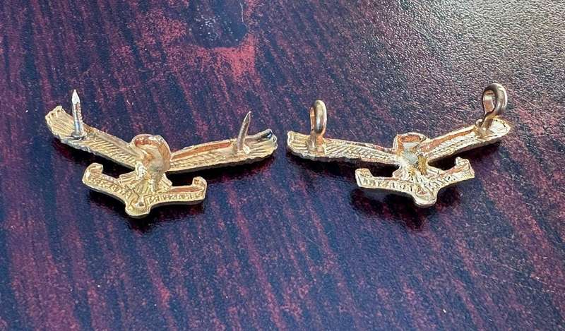 SAAF gilding metal collar badge pair. Worn post 1959. Lugs + pins intact.