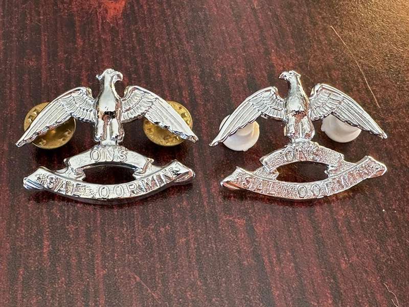 Regiment West Rand, chrome collar badge pair, worn from mid 1970's. pins intact