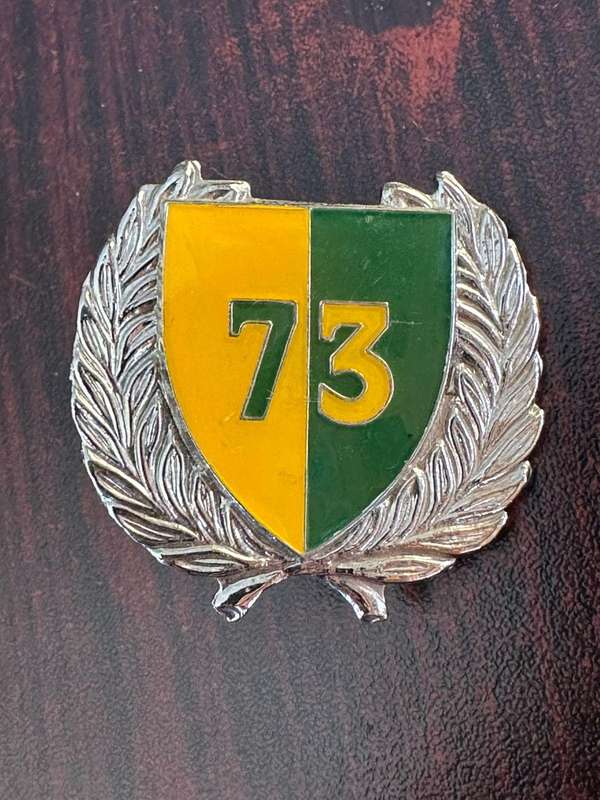 73 Motorised brigade HQ silver wreath and enamel cap badge. Approved in 1986. 2x Screw lugs
