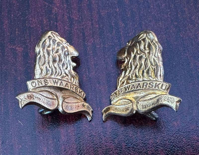 Regiment De la Rey gilding metal collar badge pair. Worn post 1964. Lugs intact