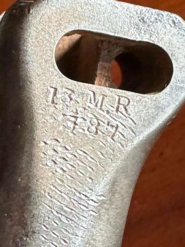 Boer war pattern 1888 Mk.1 bayonet leather covered metal scabbard. Wilkinson makers mark.