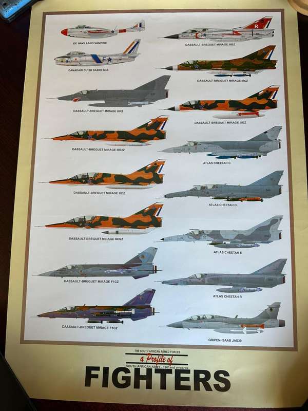 SAAF Fighters 1961- onwards. Measures 42x60 cm. Gloss