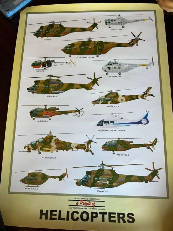 Gloss poster of the helicopters of the SAAF from 1961 and onwards, measures 42x60 cm.
