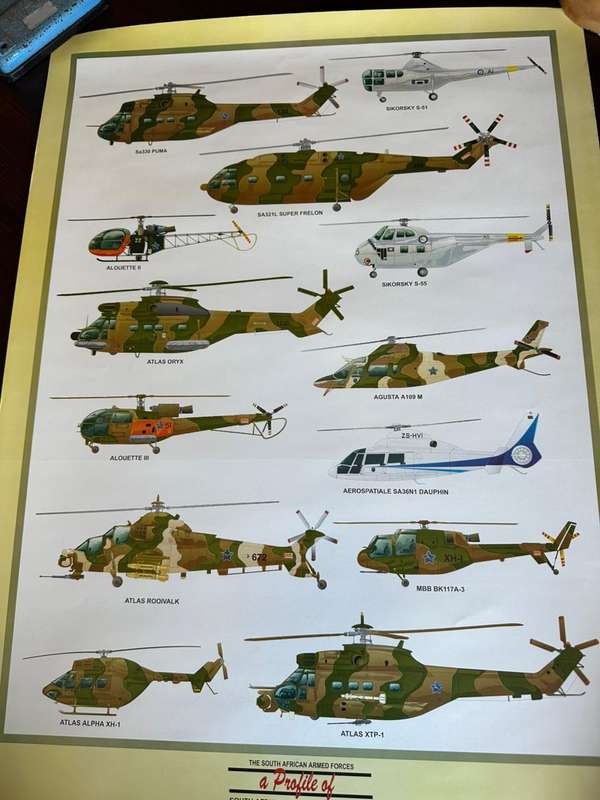 Gloss poster of the helicopters of the SAAF from 1961 and onwards, measures 42x60 cm.