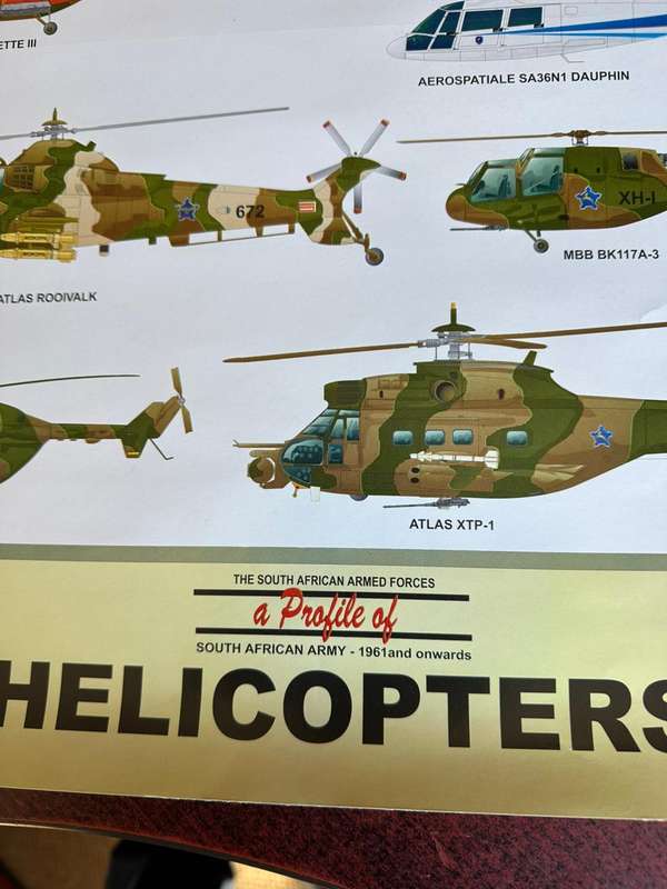 Gloss poster of the helicopters of the SAAF from 1961 and onwards, measures 42x60 cm.