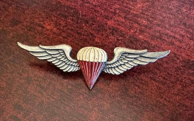 S.W.A.T.F. free fall parachute instructor wing,oxidised silver and enamel breast badge. Approved in