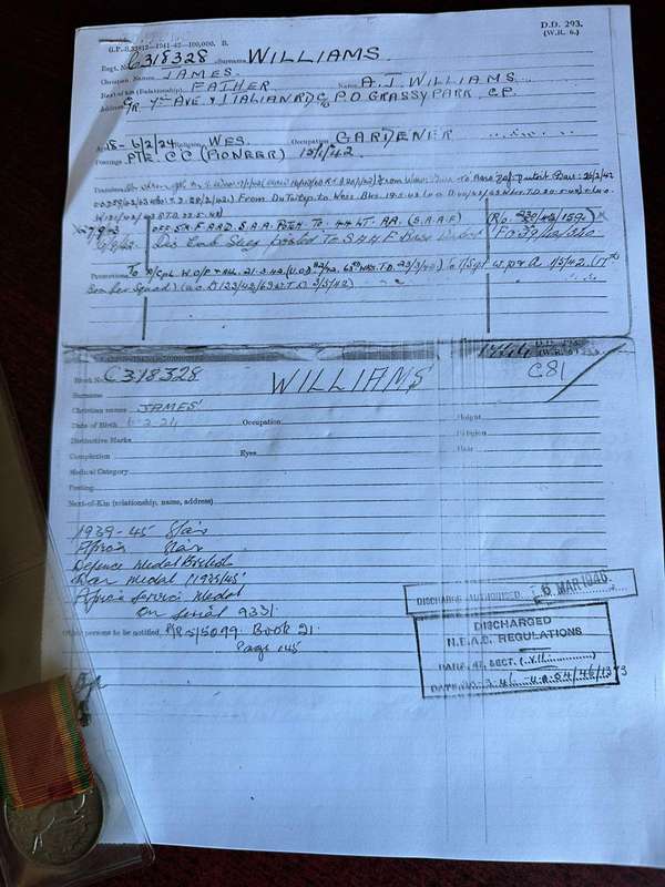 Group of 5 to C 318328 J. Williams, 8 pages of research, Photocopies of his record of service show t