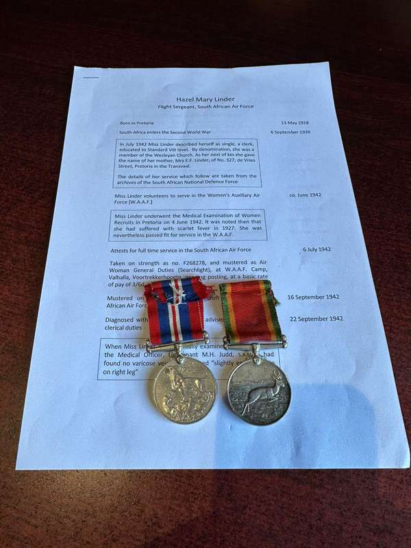 WW2 Group of 2: Linder H.M. WAAF Hazel Mary Linder, Flight Sergeant SAAF. Please note medals to Wome