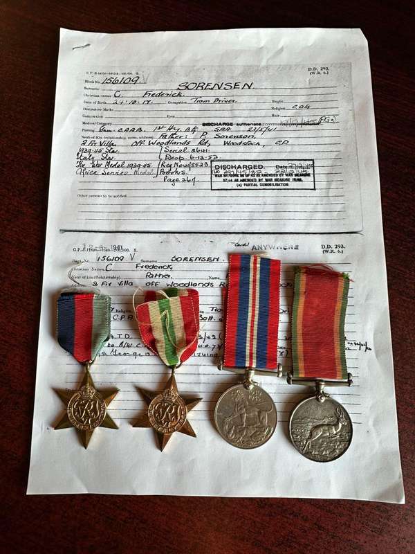 WW2 medal group of 4 to 156109 Air Corporal C. Frederick Sorensen. SA Artillery and SAAF. Served wit