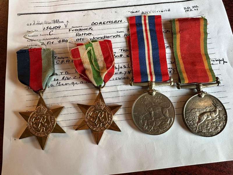 WW2 medal group of 4 to 156109 Air Corporal C. Frederick Sorensen. SA Artillery and SAAF. Served wit