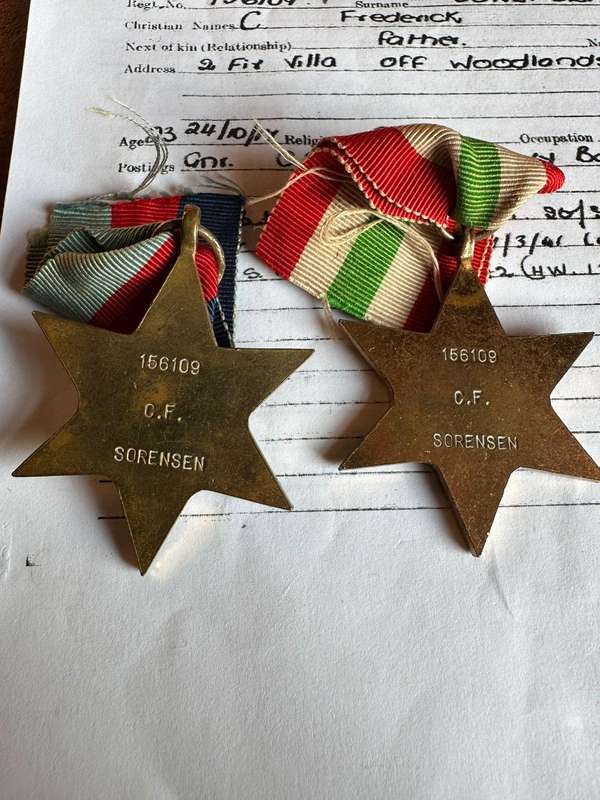 WW2 medal group of 4 to 156109 Air Corporal C. Frederick Sorensen. SA Artillery and SAAF. Served wit