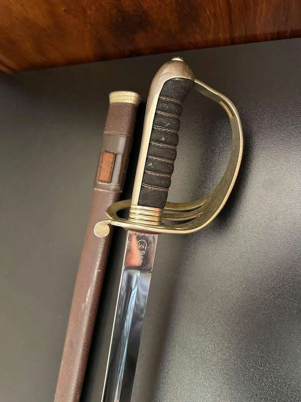 SADF Army ceremonial sword with leather scabbard. Numbered and made by WKC Solingen Germany.