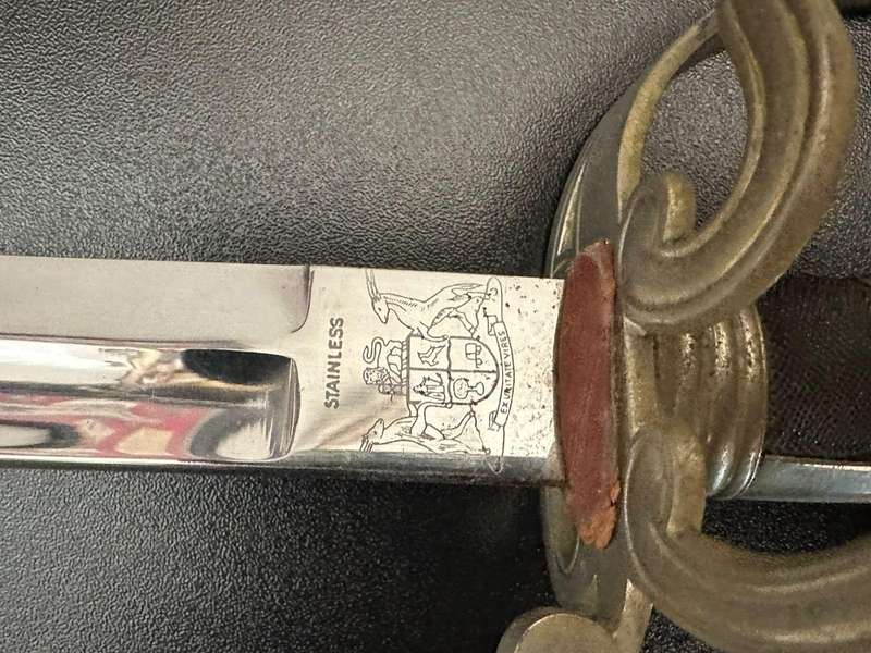 SADF Army ceremonial sword with leather scabbard. Numbered and made by WKC Solingen Germany.