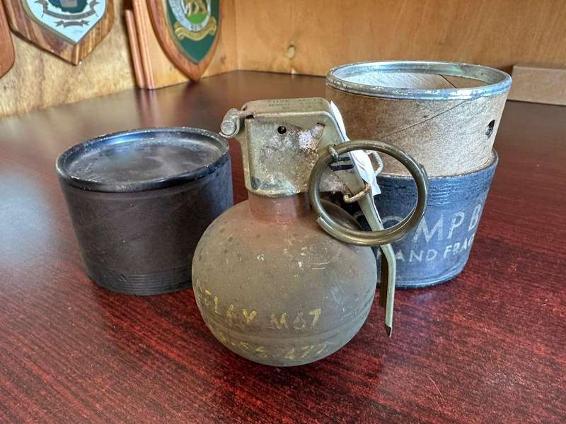 USA M67 Vietnam "Baseball" hand grenade. FFE. Inert. Comes with original holder. Extremely rare. Use