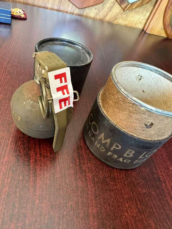 USA M67 Vietnam "Baseball" hand grenade. FFE. Inert. Comes with original holder. Extremely rare. Use