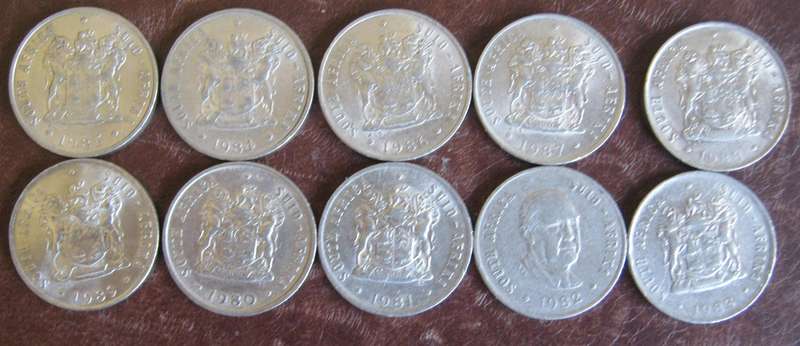 10 South African R1 Coins  1977 |1978 |1980 | 1982 | 1985 | 1986 | 1987 | 1988 | 1989 | 1990