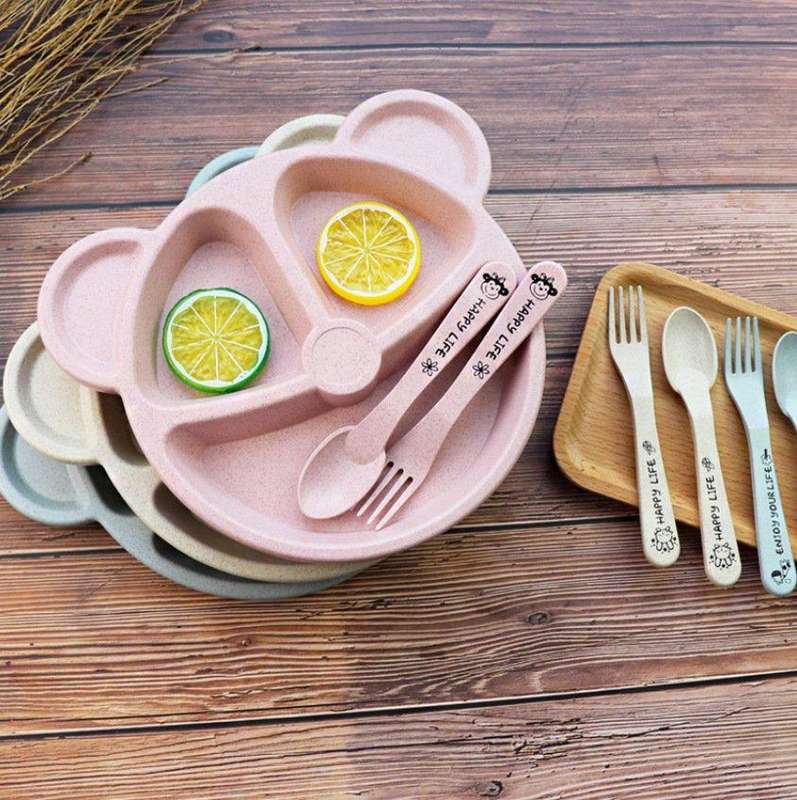 Mickey Shaped 3-Partition Plate with Set of Fork & Spoon for Kids(Color: Pink) 1Pcs