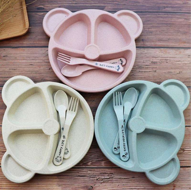 Mickey Shaped 3-Partition Plate with Set of Fork & Spoon for Kids(Color: Pink) 1Pcs