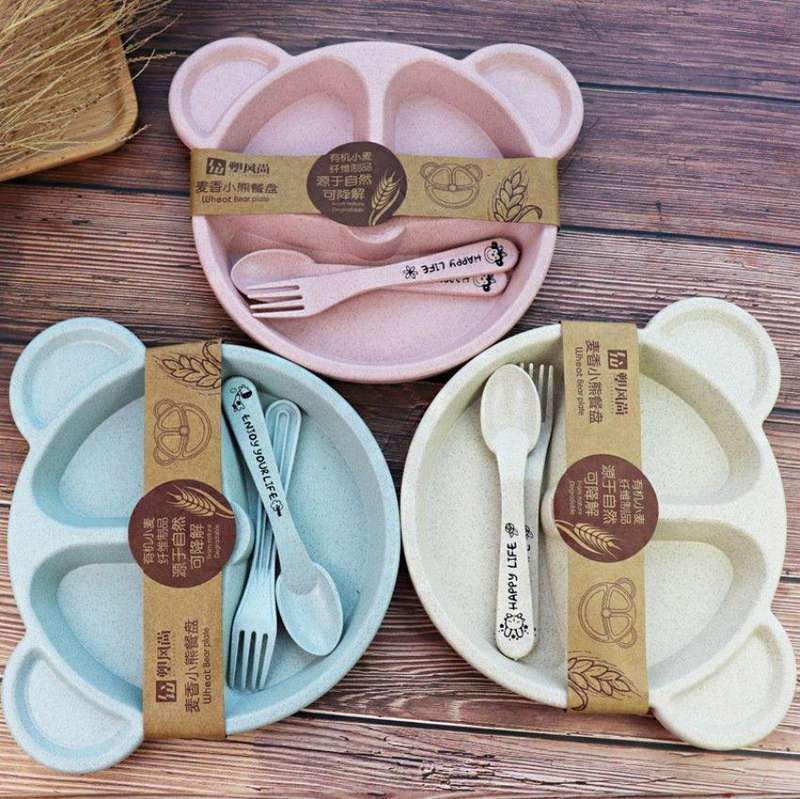 Mickey Shaped 3-Partition Plate with Set of Fork & Spoon for Kids(Color: Pink) 1Pcs