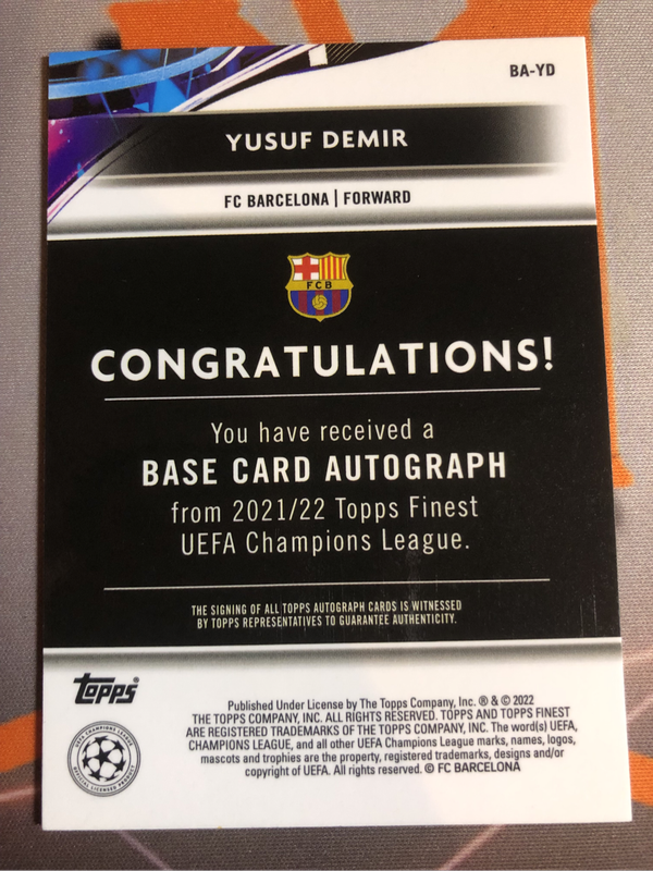 Yusuf Demir ROOKIE Refractor Autograph  Topps 2022 Soccer trading card