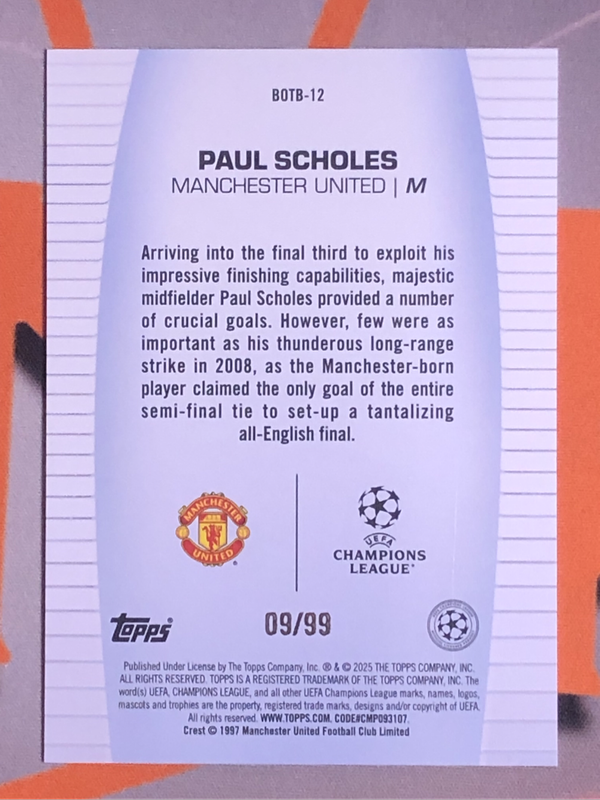 Paul Scholes NUMBERED out of 75 Topps soccer trading card 