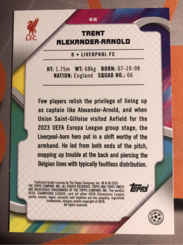 Trent Alexander Arnold NUMBERED out of 275 Liverpool NEW Topps Finest 2025 soccer trading card