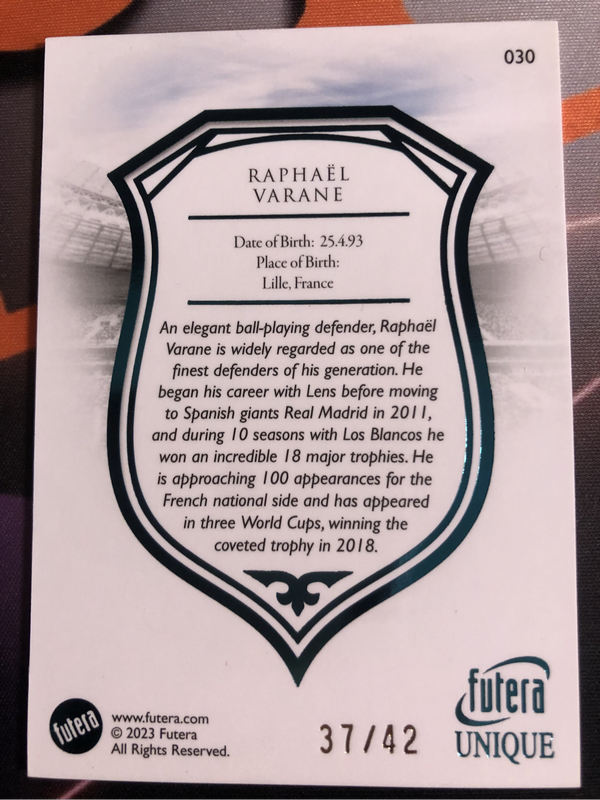 Raphael Varane NUMBERED out of 42 Futera Soccer trading card