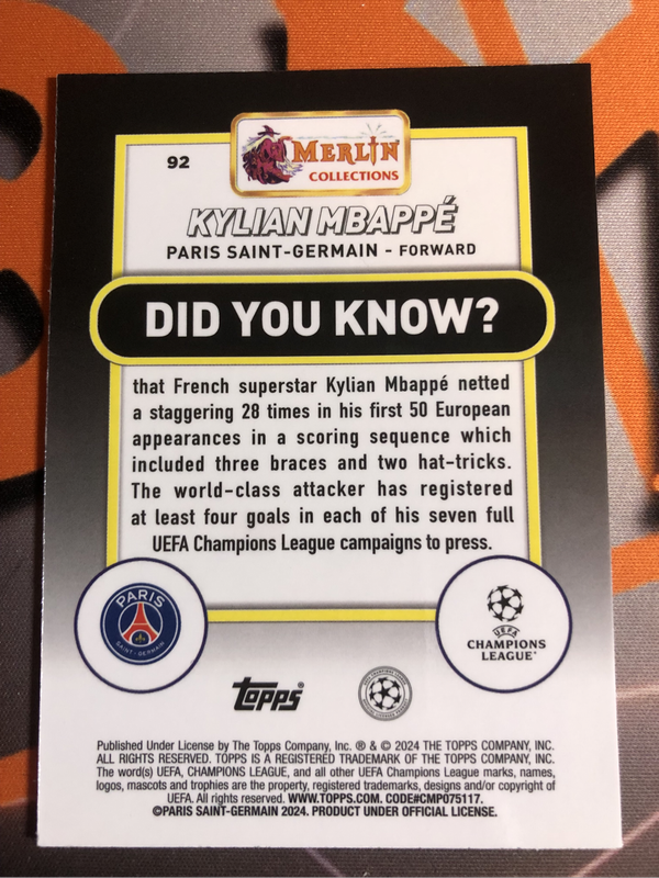 Kylian Mbappe NUMBERED out of 199 Topps Merlin 2024 Soccer trading card