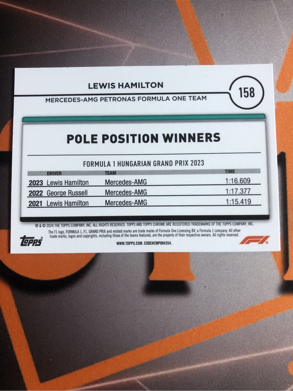Lewis Hamilton RARE Formula One 2024 F1 Topps Chrome trading card
